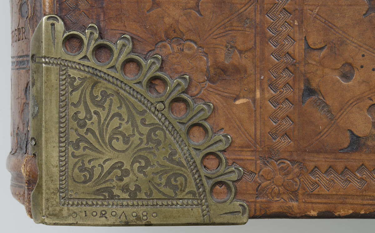 Bible, Binding: leather (stamped & tooled) with engraved brass fittings, ink printed on paper, 1st folio hand colored in tempera, metal leaf, and shell gold, German