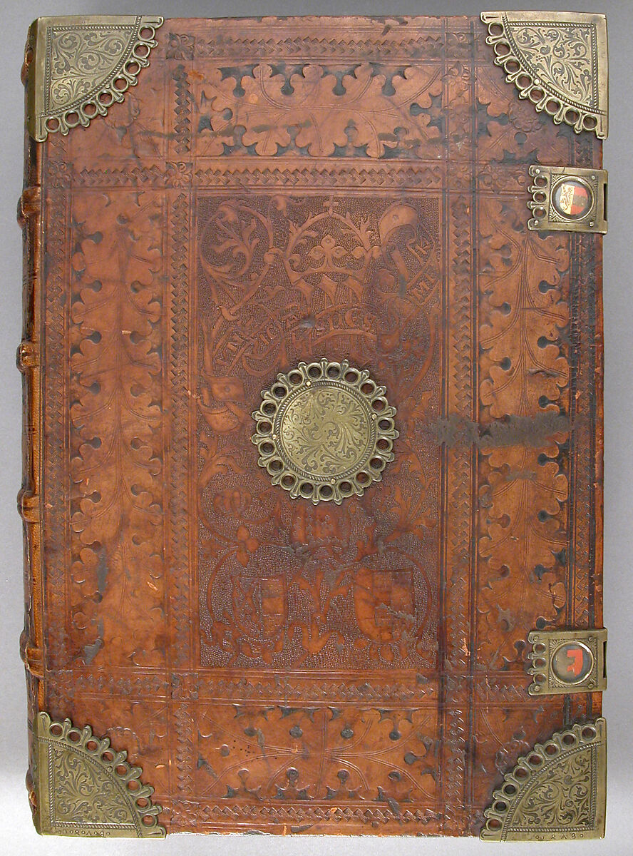 Bible, Binding: leather (stamped & tooled) with engraved brass fittings, ink printed on paper, 1st folio hand colored in tempera, metal leaf, and shell gold, German