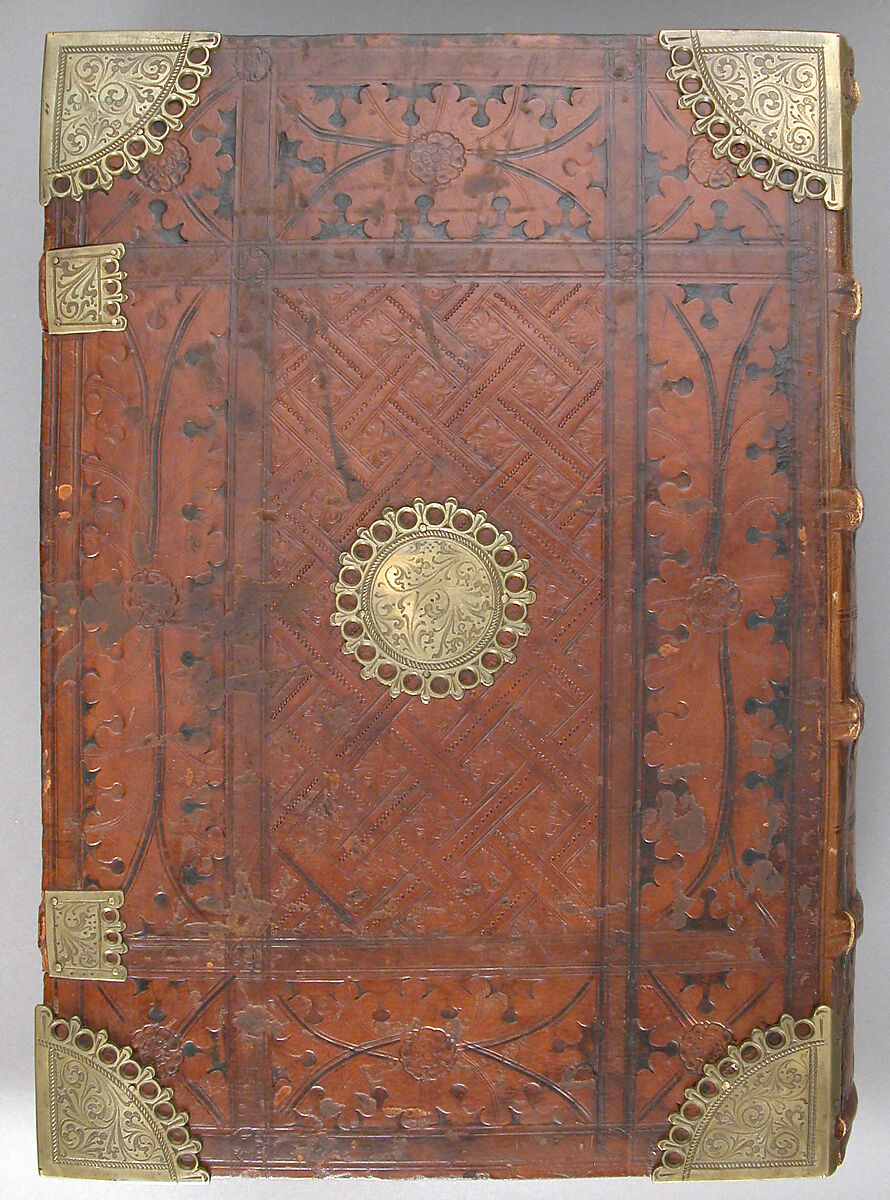 Bible, Binding: leather (stamped & tooled) with engraved brass fittings, ink printed on paper, 1st folio hand colored in tempera, metal leaf, and shell gold, German