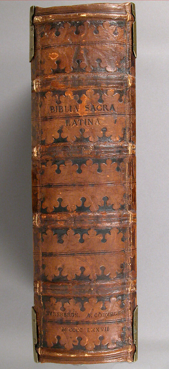 Bible, Binding: leather (stamped & tooled) with engraved brass fittings, ink printed on paper, 1st folio hand colored in tempera, metal leaf, and shell gold, German