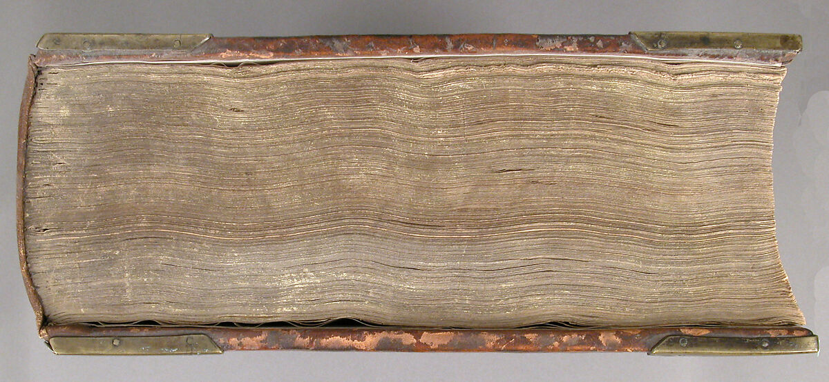 Bible, Binding: leather (stamped & tooled) with engraved brass fittings, ink printed on paper, 1st folio hand colored in tempera, metal leaf, and shell gold, German