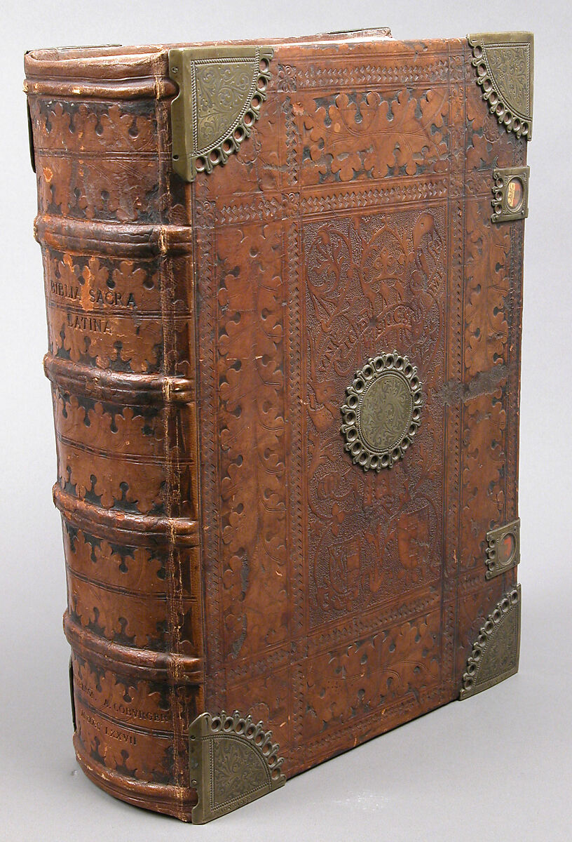 Bible, Binding: leather (stamped & tooled) with engraved brass fittings, ink printed on paper, 1st folio hand colored in tempera, metal leaf, and shell gold, German