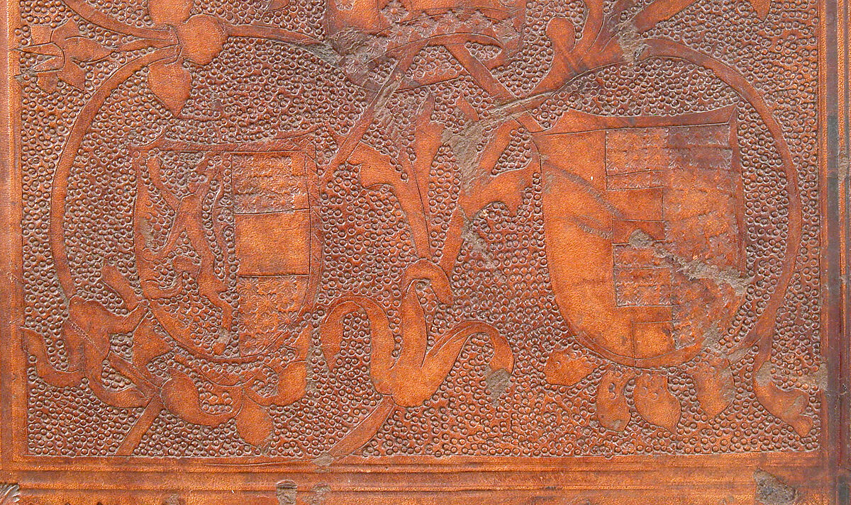 Bible, Binding: leather (stamped & tooled) with engraved brass fittings, ink printed on paper, 1st folio hand colored in tempera, metal leaf, and shell gold, German