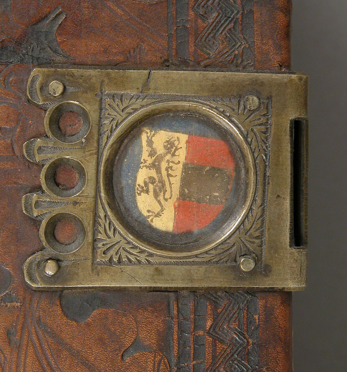 Bible, Binding: leather (stamped & tooled) with engraved brass fittings, ink printed on paper, 1st folio hand colored in tempera, metal leaf, and shell gold, German