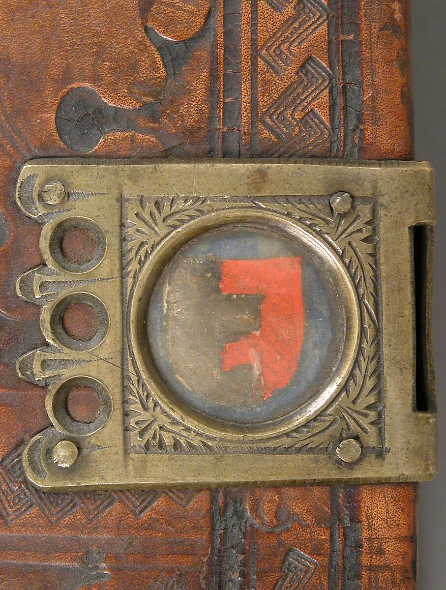 Bible, Binding: leather (stamped & tooled) with engraved brass fittings, ink printed on paper, 1st folio hand colored in tempera, metal leaf, and shell gold, German