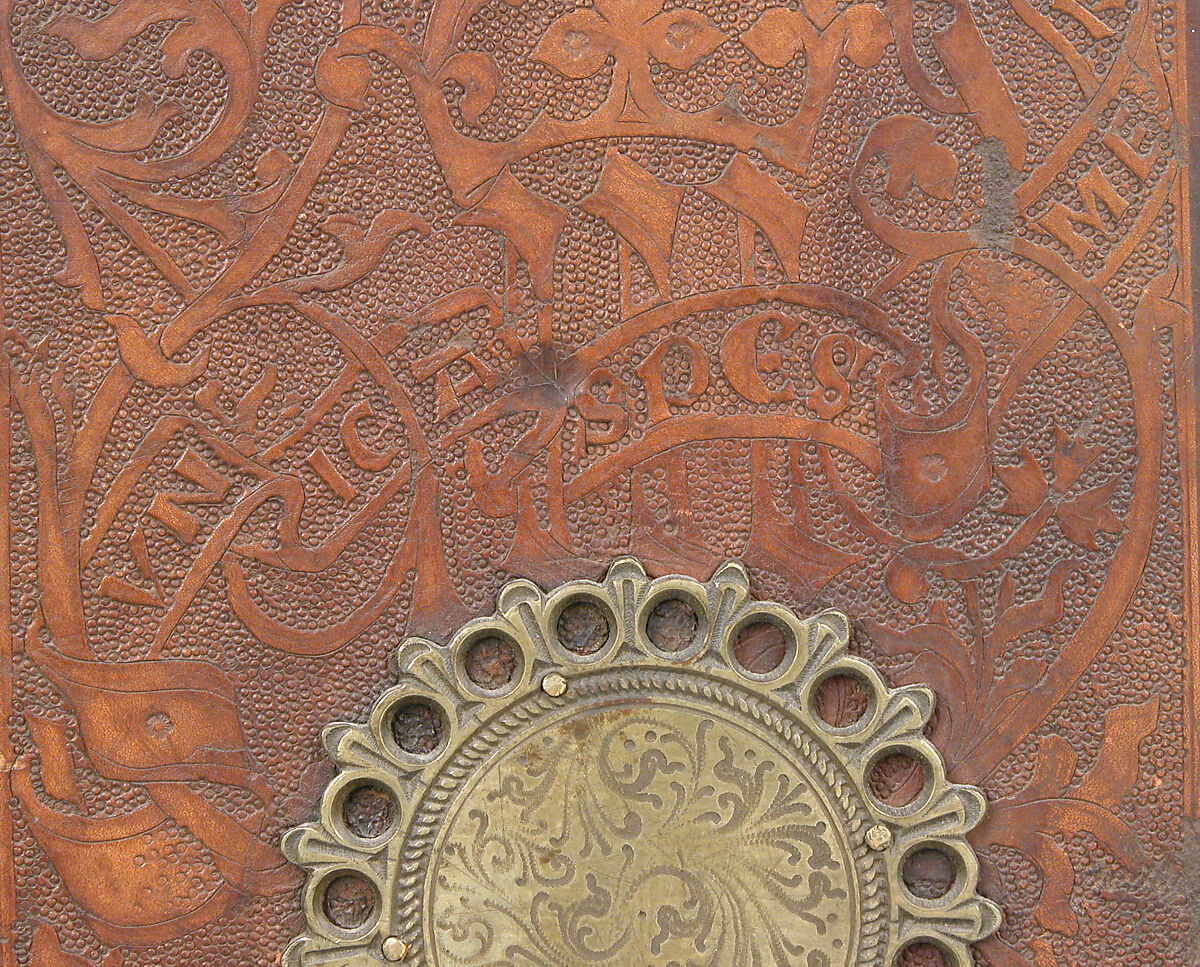 Bible, Binding: leather (stamped & tooled) with engraved brass fittings, ink printed on paper, 1st folio hand colored in tempera, metal leaf, and shell gold, German