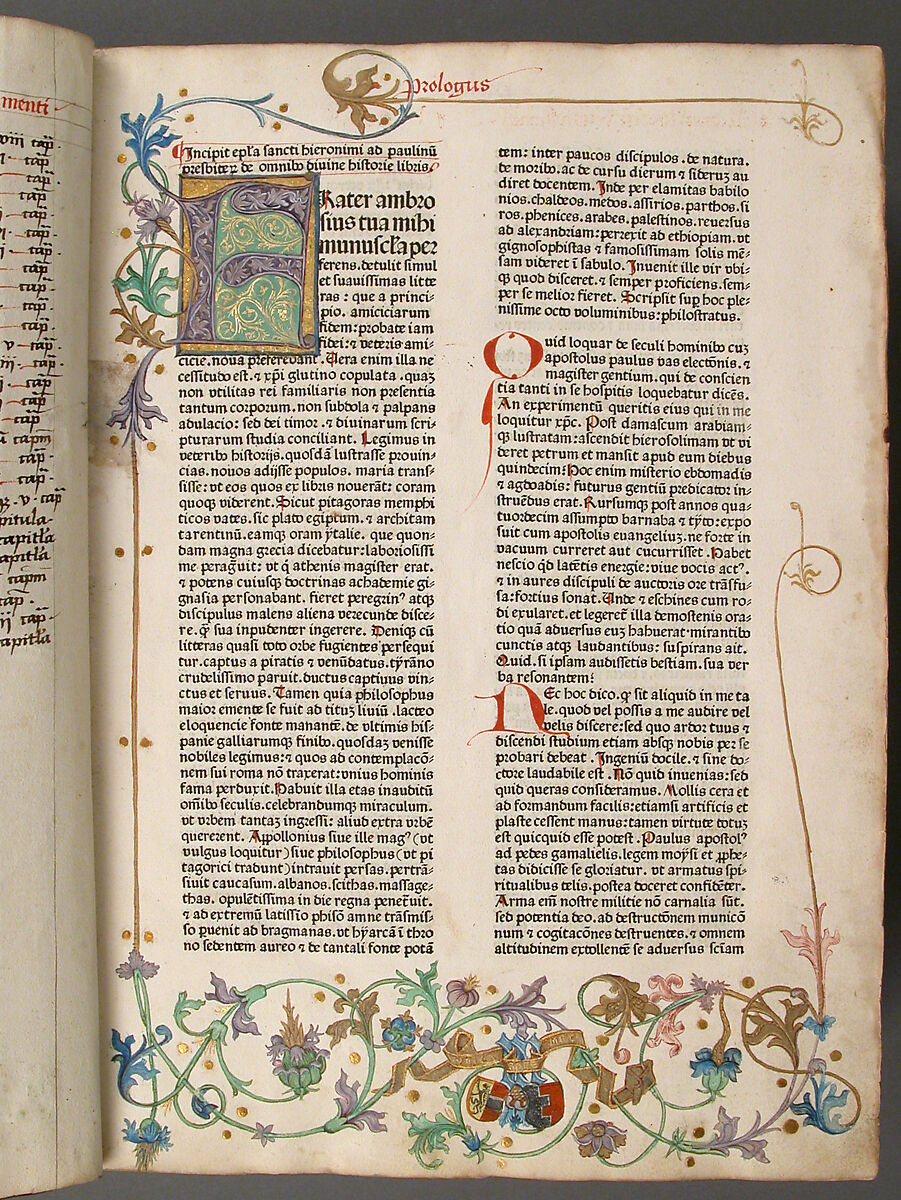 Bible, Binding: leather (stamped & tooled) with engraved brass fittings, ink printed on paper, 1st folio hand colored in tempera, metal leaf, and shell gold, German