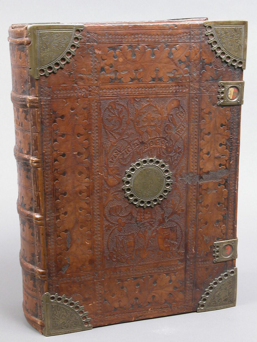 Bible, Binding: leather (stamped & tooled) with engraved brass fittings, ink printed on paper, 1st folio hand colored in tempera, metal leaf, and shell gold, German 