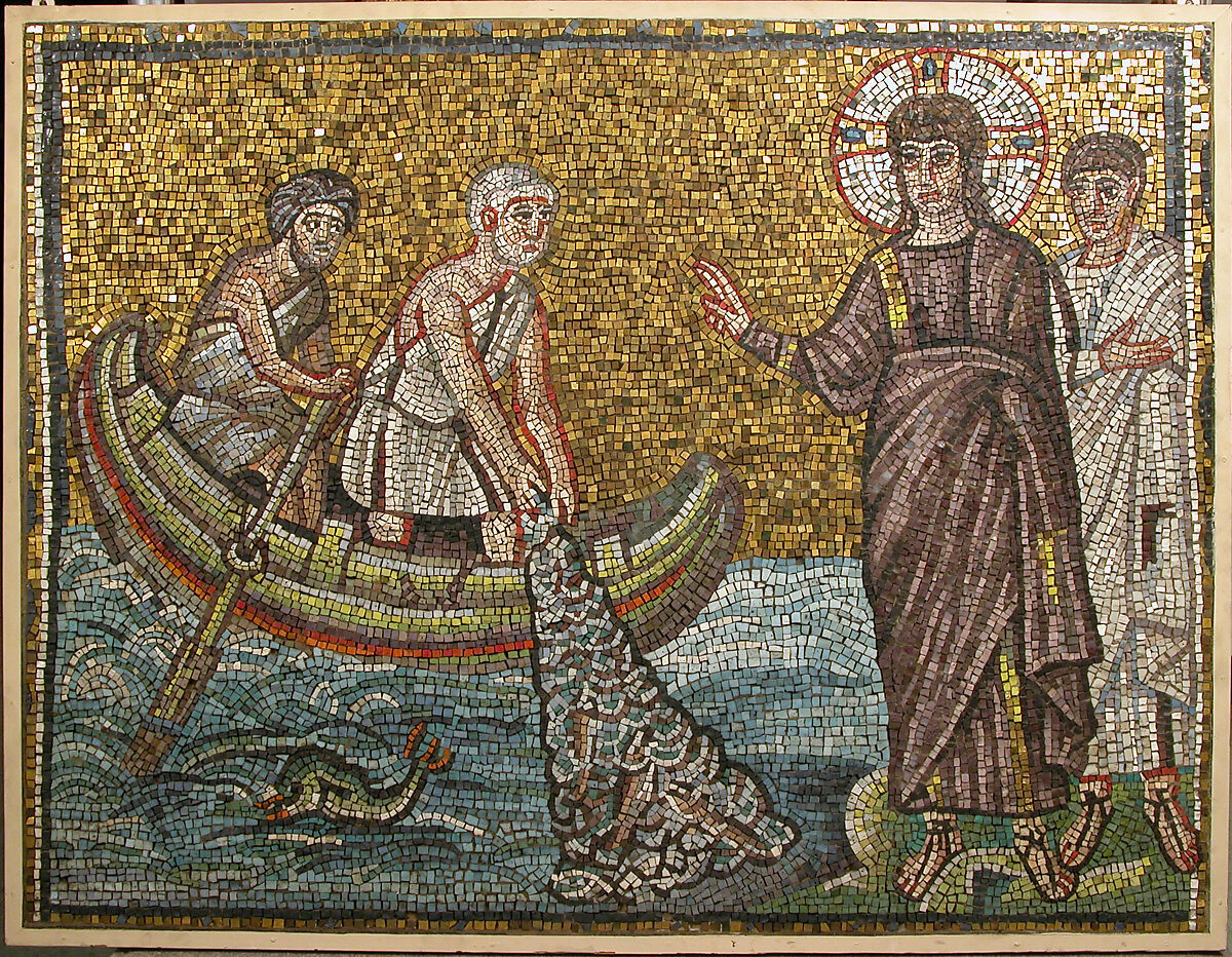 Miraculous Draught of Fishes, Tesserae, glass in wooden frame, Byzantine 