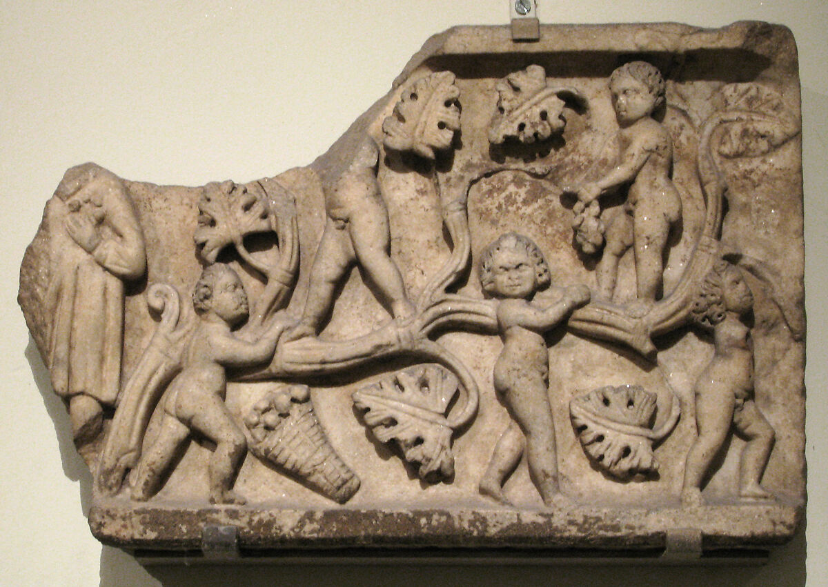 Fragment of a Sarcophagus with Putti in a Grapevine, Marble, Roman 