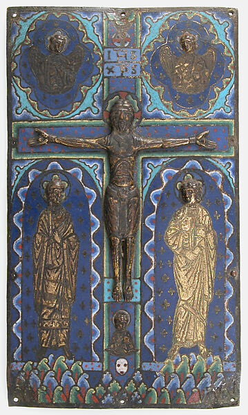 Plaque from a Bookcover with the Crucifixion, Champlevé enamel, copper-gilt, European 