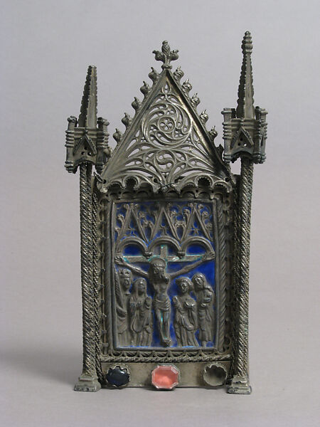 Pax with Crucifixion, Silver, enamel, copper-gilt, glass cabochons, French (?) 