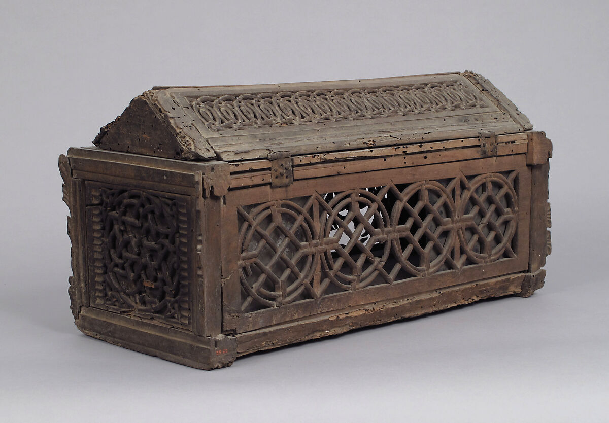 Coffret, Walnut, carved & lined with glass (some colored), Italian
