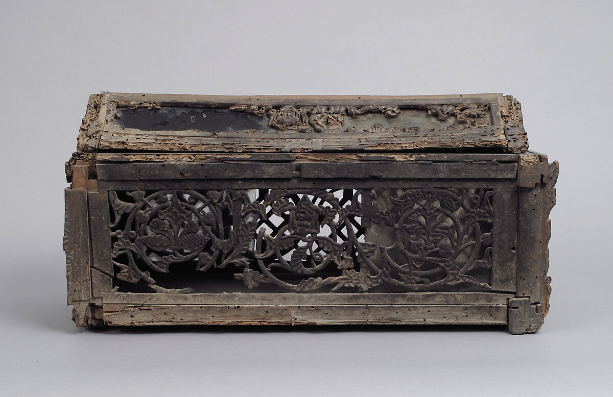 Coffret, Walnut, carved & lined with glass (some colored), Italian