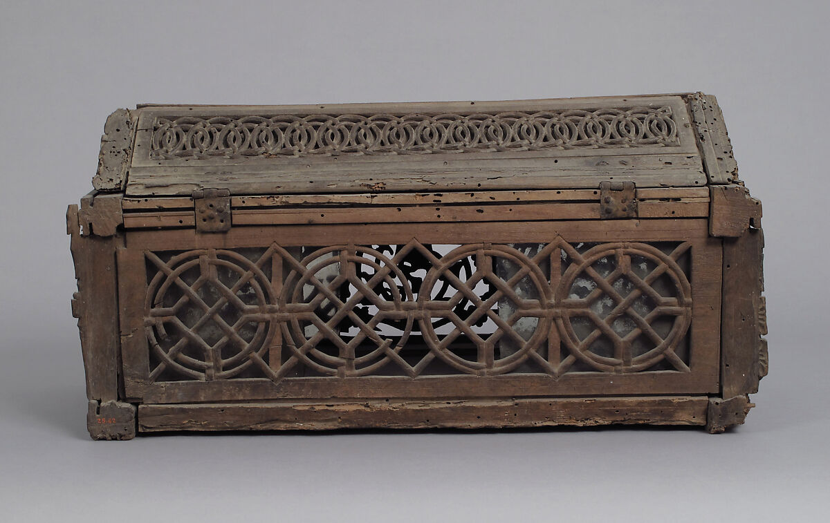 Coffret, Walnut, carved & lined with glass (some colored), Italian