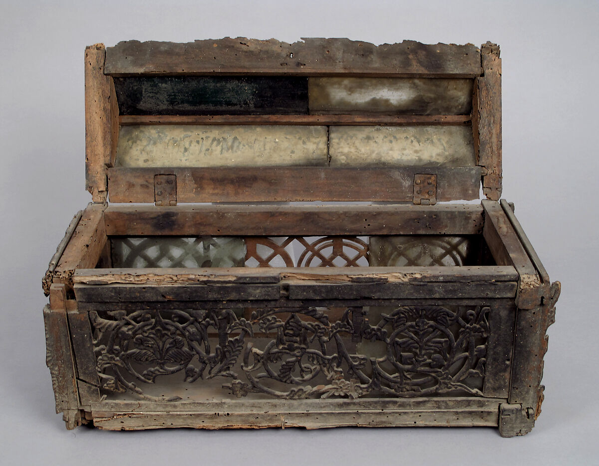 Coffret, Walnut, carved & lined with glass (some colored), Italian