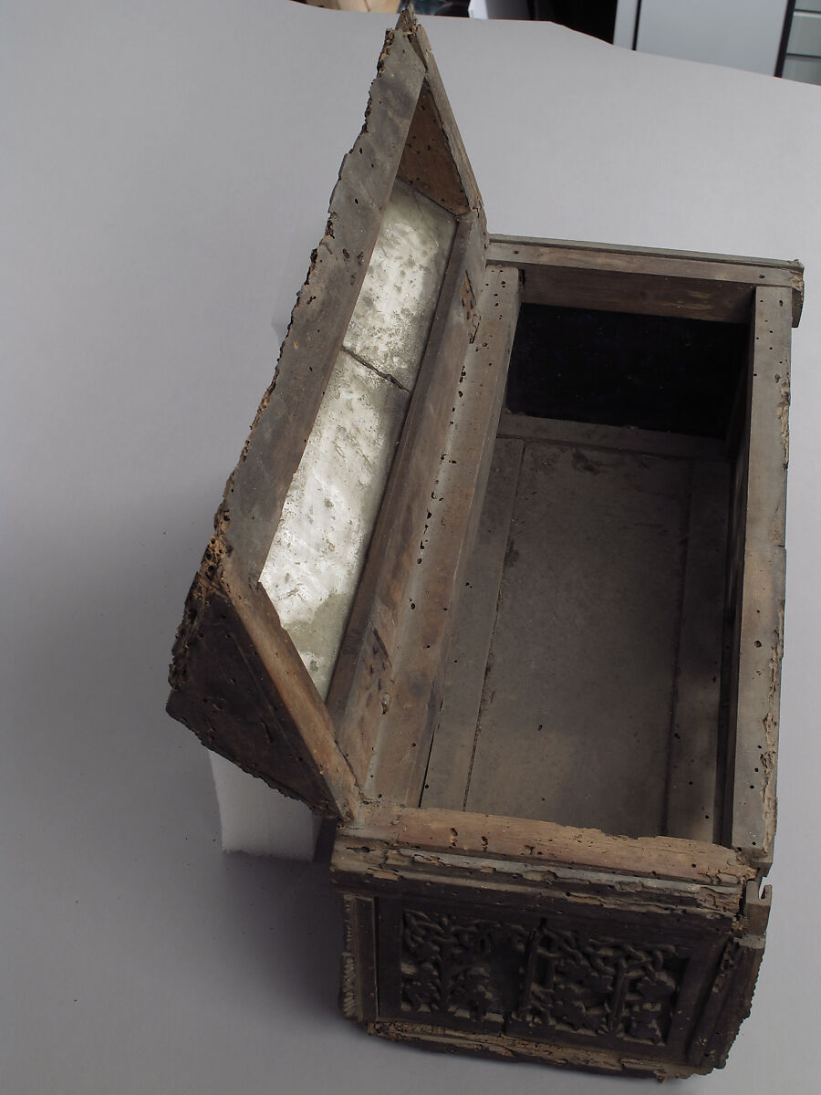 Coffret, Walnut, carved & lined with glass (some colored), Italian