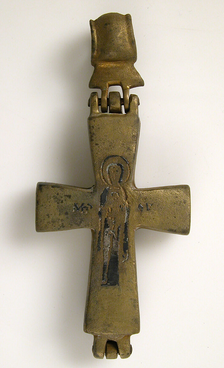 Reliquary Cross with Christ Crucified and the Virgin and Child, Copper alloy, niello, Byzantine