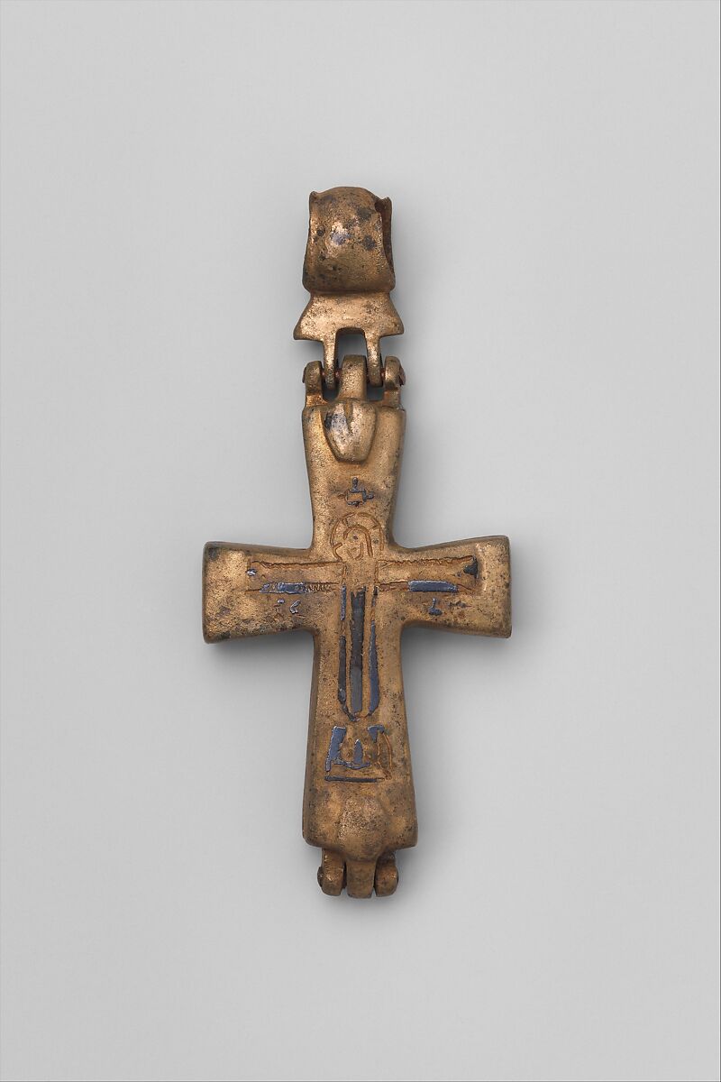 Reliquary Cross with Christ Crucified and the Virgin and Child, Copper alloy, niello, Byzantine 