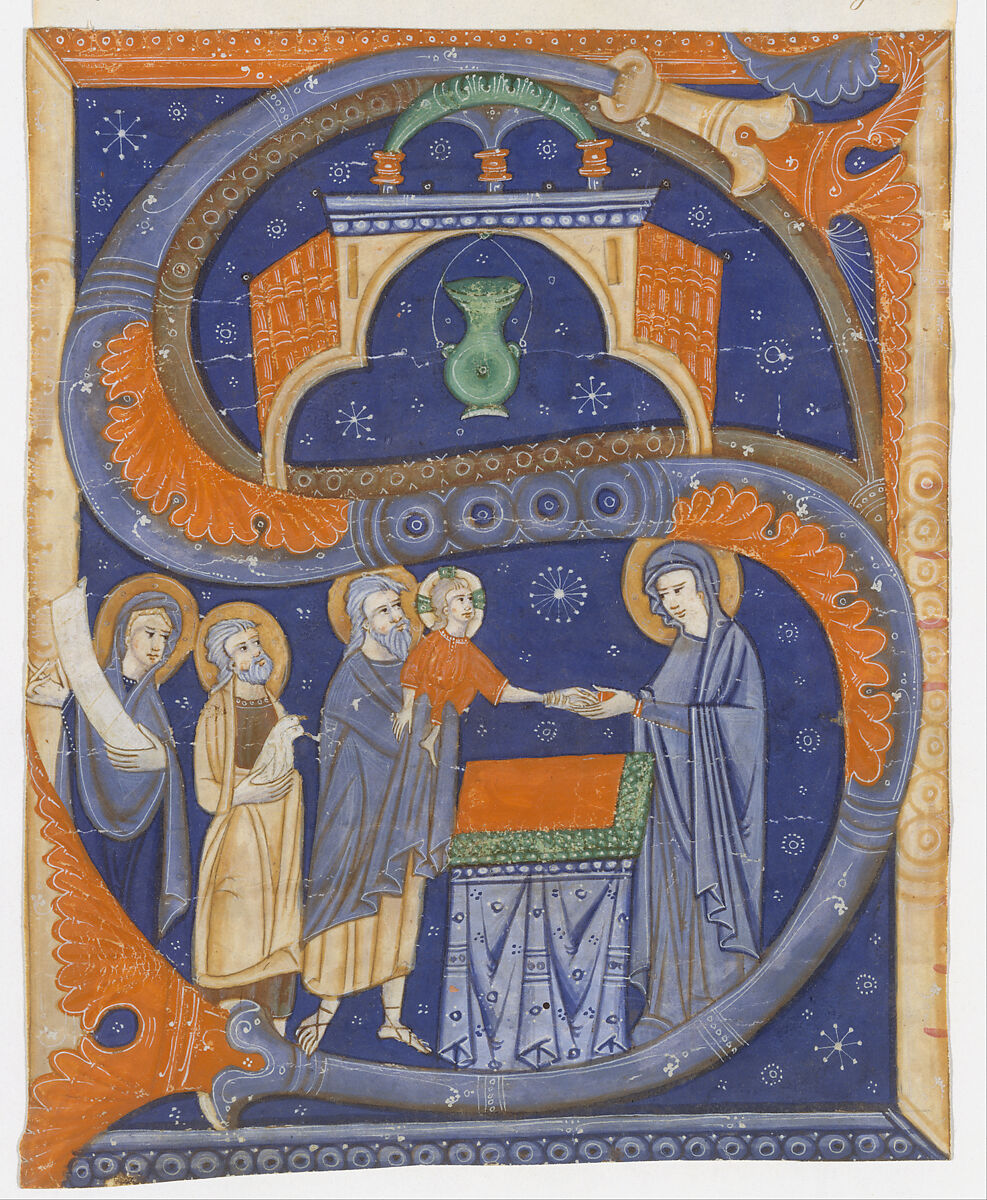 Manuscript Illumination with the Presentation of Christ in the Temple in an Initial S, from a Gradual, Master of Bagnacavallo (active late 13th century), Tempera and ink on parchment, Italian 