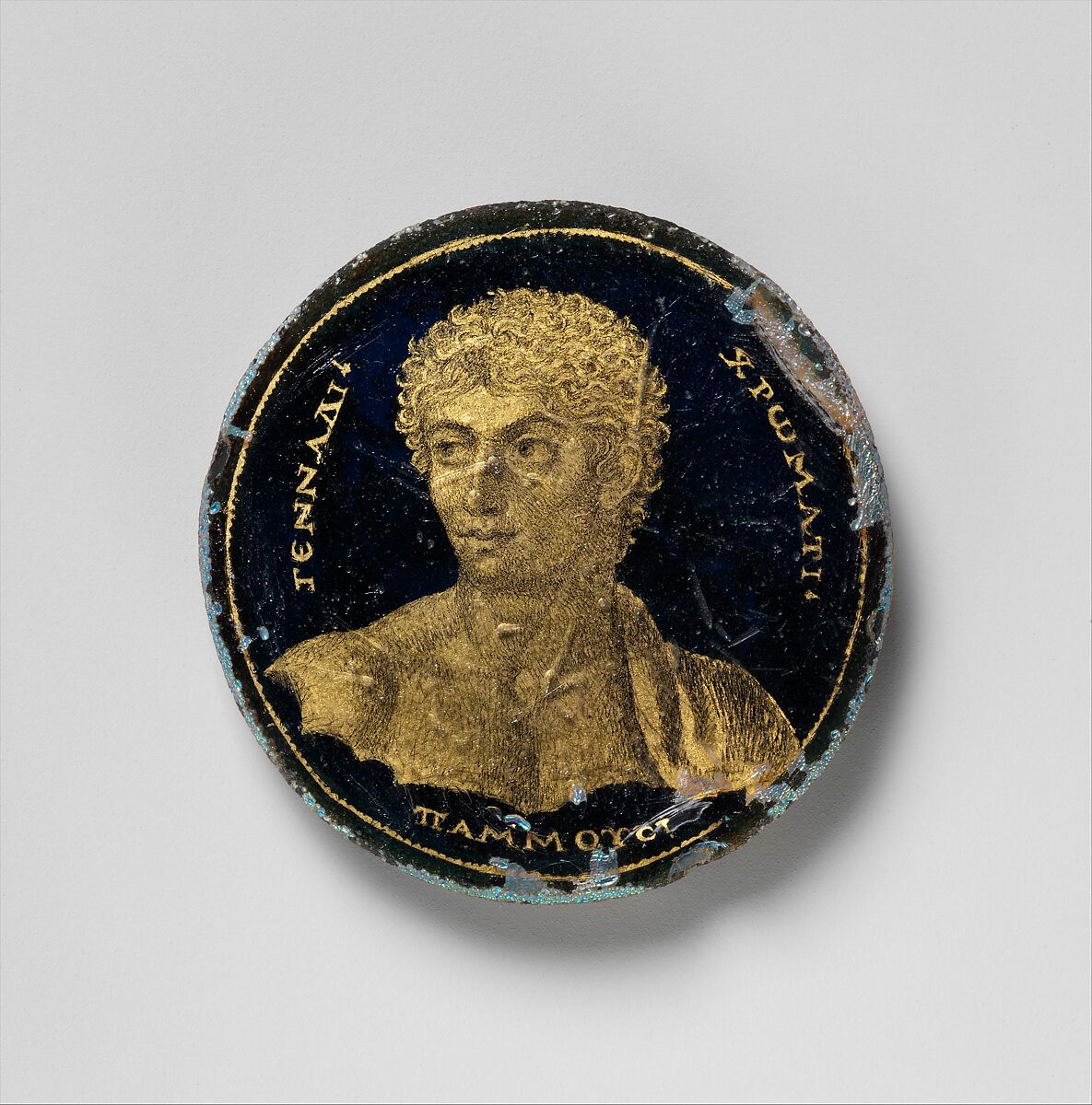 Medallion with a Portrait of Gennadios, Glass, gold leaf, polychromy, Roman