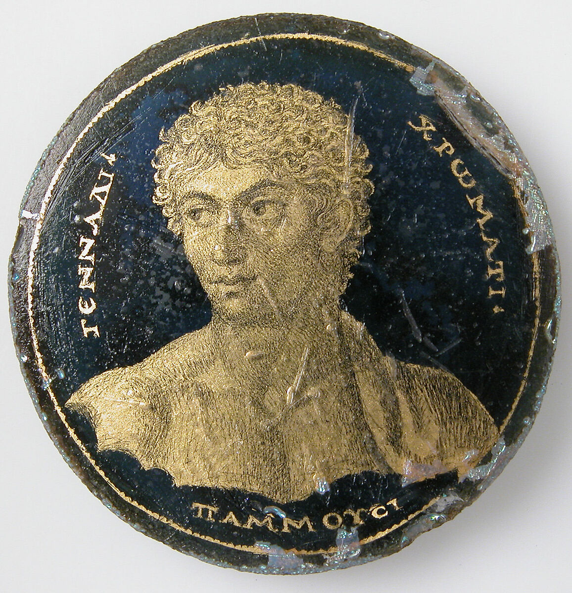 Medallion with a Portrait of Gennadios, Glass, gold leaf, polychromy, Roman