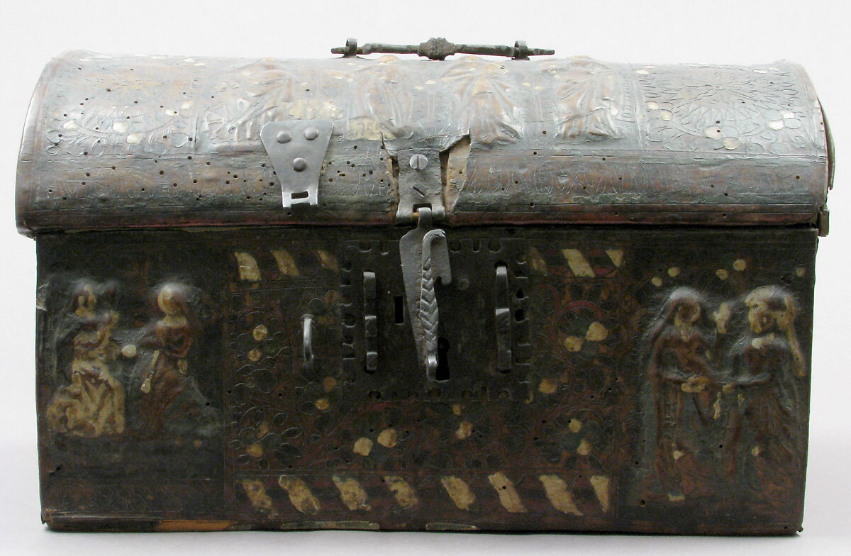 Coffret, Leather, (stamped and tooled) with polychromy, metal fittings, French