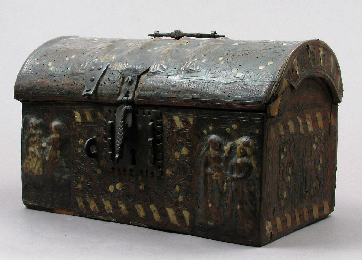 Coffret, Leather, (stamped and tooled) with polychromy, metal fittings, French