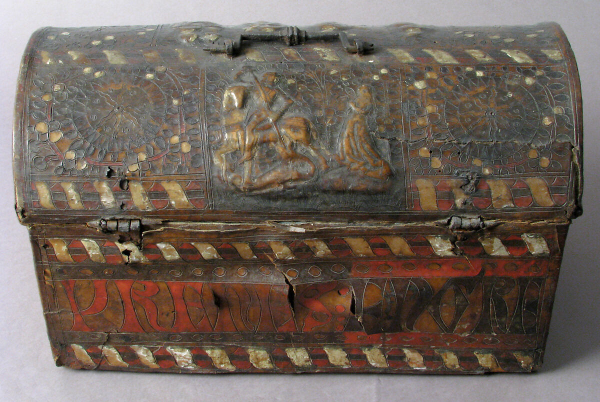 Coffret, Leather, (stamped and tooled) with polychromy, metal fittings, French