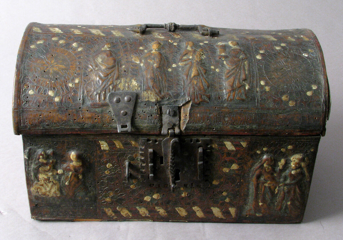 Coffret, Leather, (stamped and tooled) with polychromy, metal fittings, French