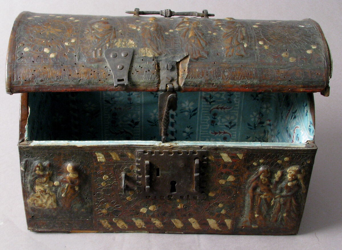 Coffret, Leather, (stamped and tooled) with polychromy, metal fittings, French