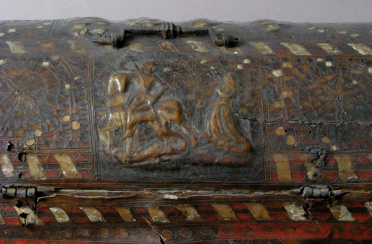 Coffret, Leather, (stamped and tooled) with polychromy, metal fittings, French