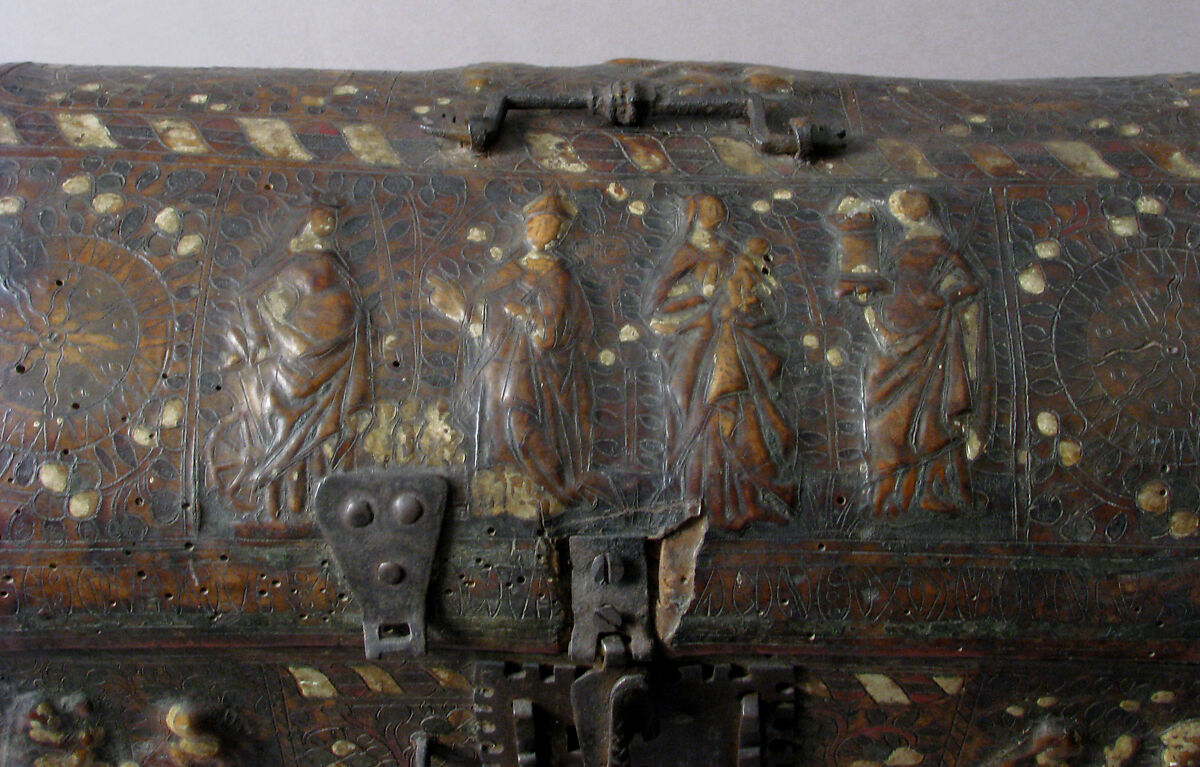 Coffret, Leather, (stamped and tooled) with polychromy, metal fittings, French