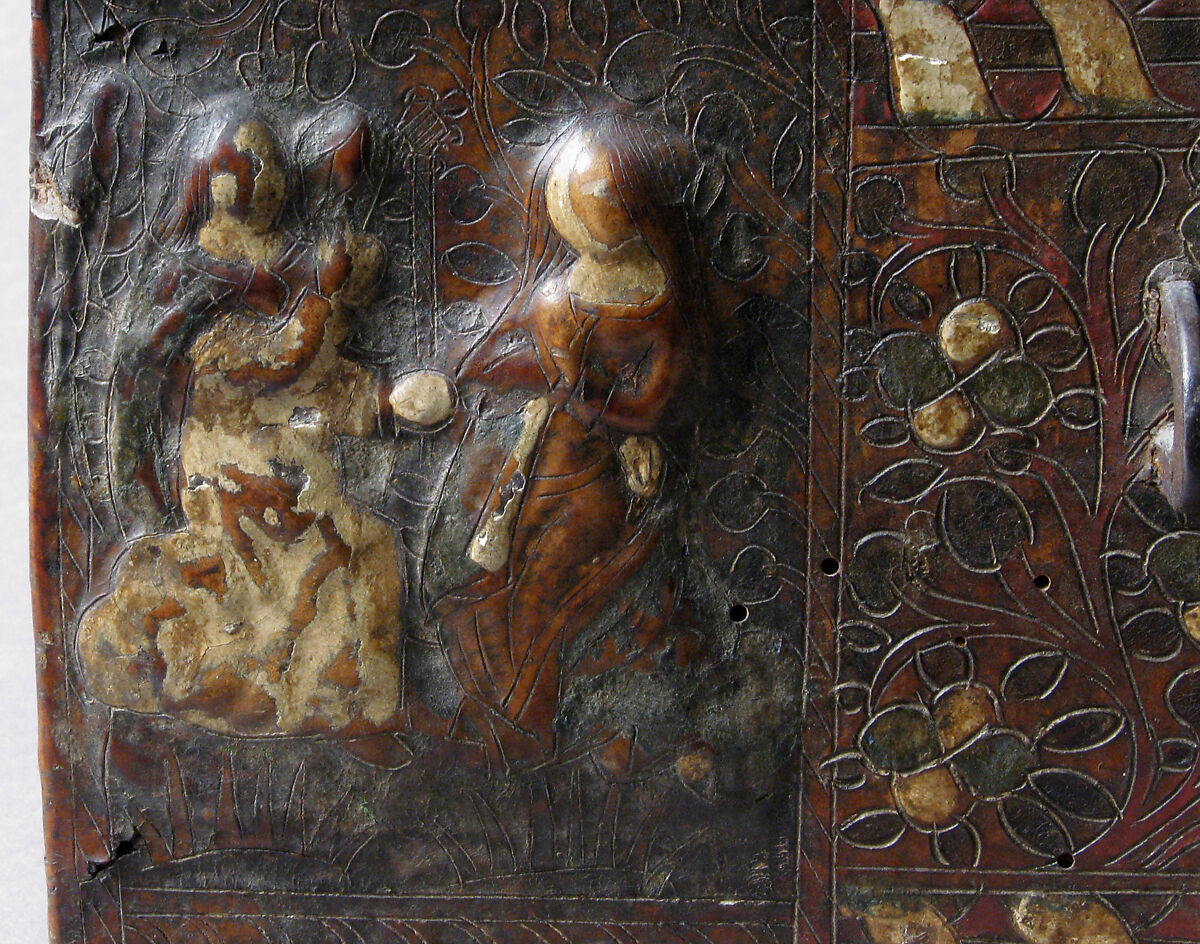 Coffret, Leather, (stamped and tooled) with polychromy, metal fittings, French
