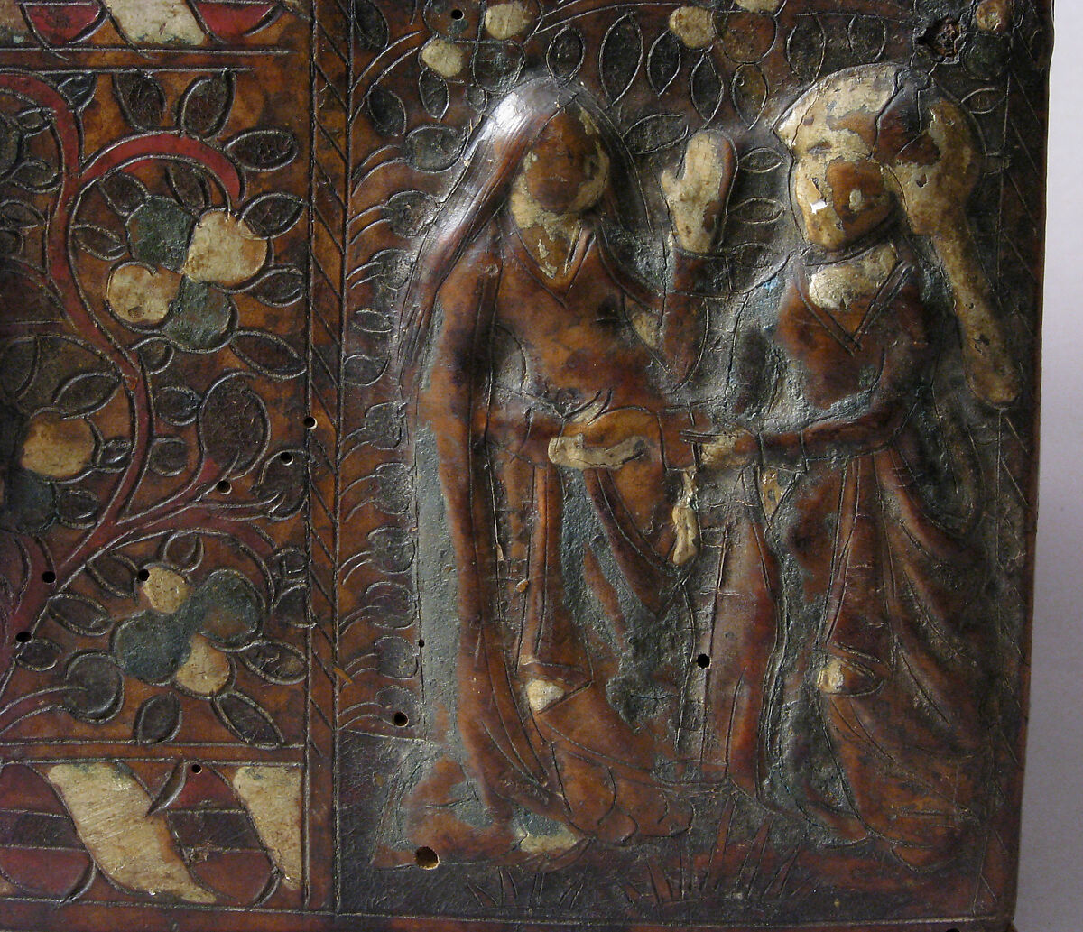 Coffret, Leather, (stamped and tooled) with polychromy, metal fittings, French