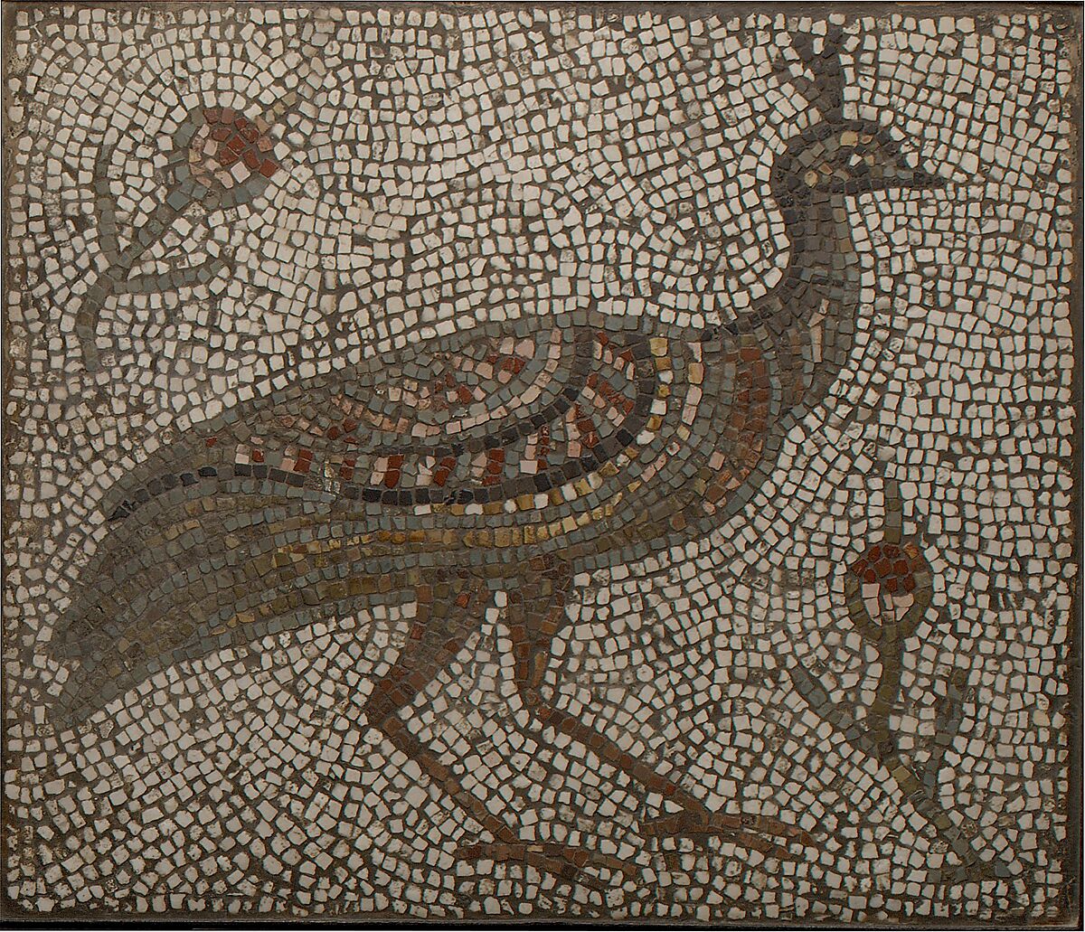 Mosaic with a Peacock and Flowers, Tesserae mounted in metal frame, Roman or Byzantine 