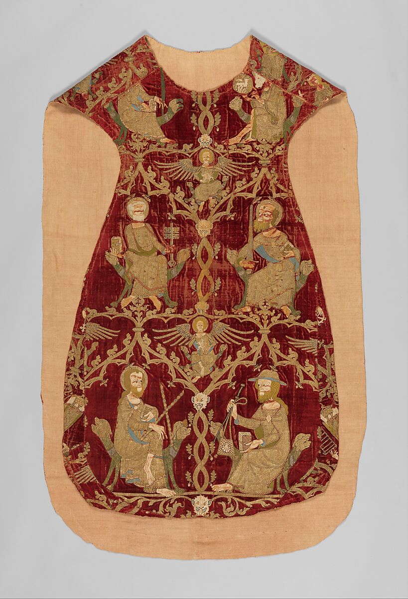 Chasuble (Opus Anglicanum), Silver and silver-gilt thread and colored silks in underside couching, split stitch, laid-and-couched work, and raised work, with pearls on velvet, British