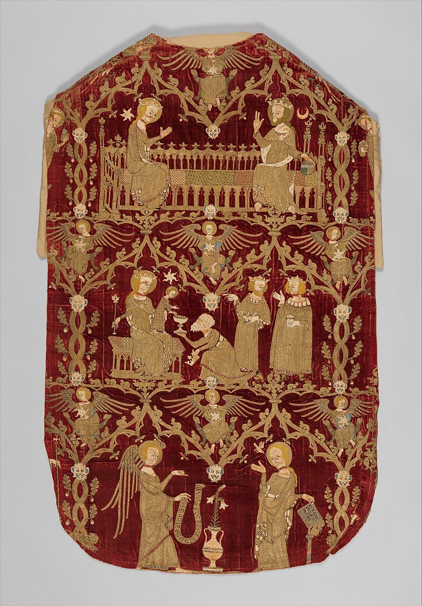 Chasuble (Opus Anglicanum), Silver and silver-gilt thread and colored silks in underside couching, split stitch, laid-and-couched work, and raised work, with pearls on velvet, British 