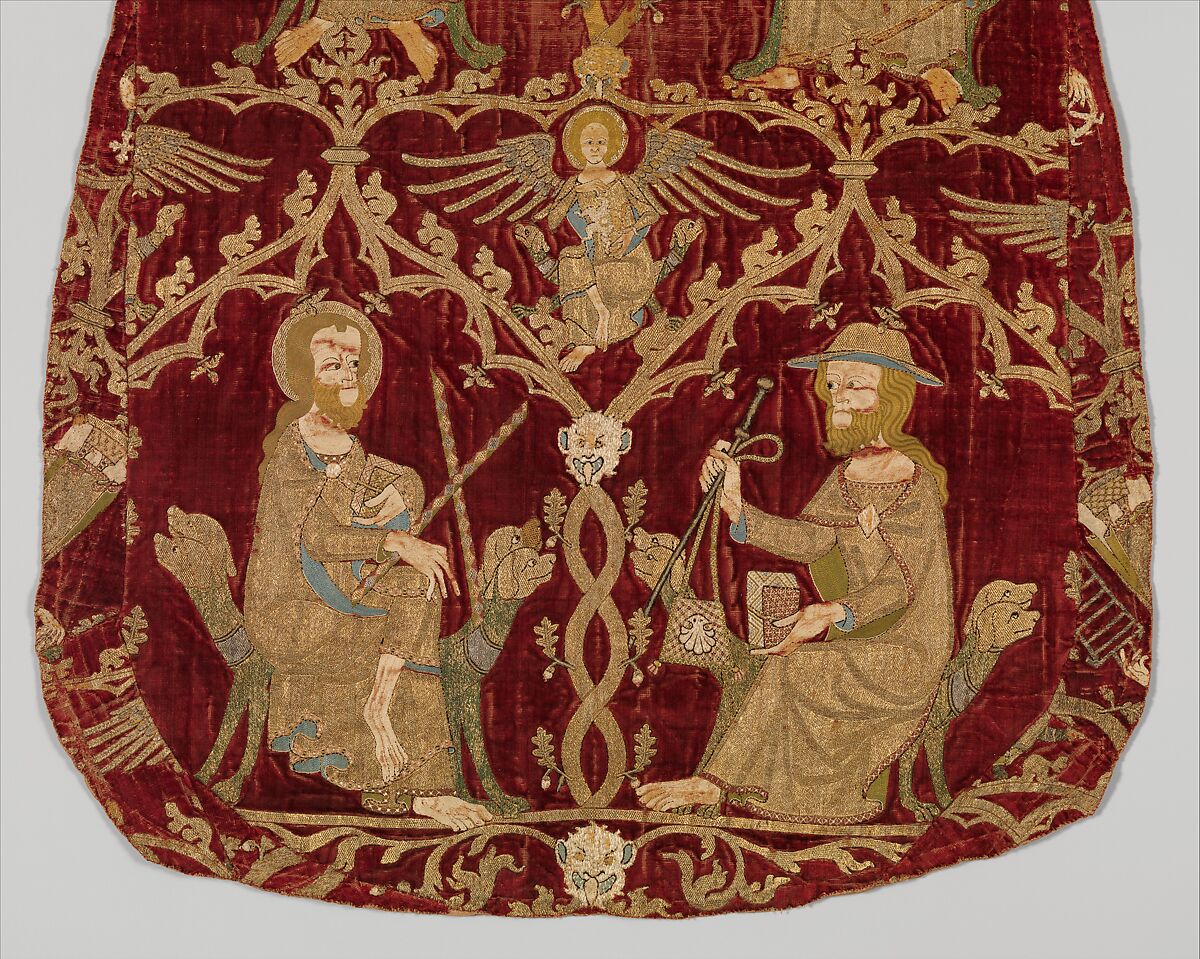 Chasuble (Opus Anglicanum), Silver and silver-gilt thread and colored silks in underside couching, split stitch, laid-and-couched work, and raised work, with pearls on velvet, British