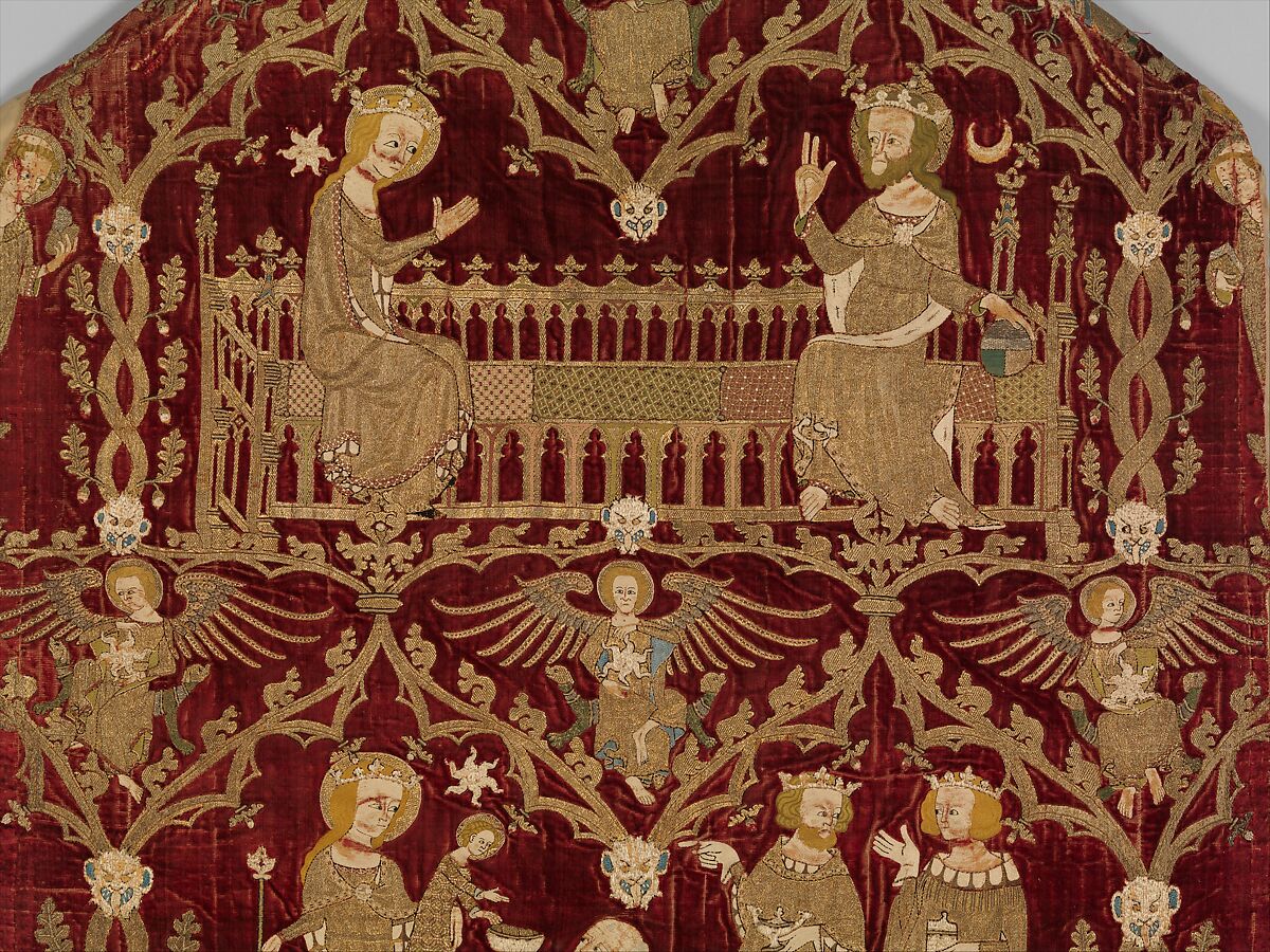 Chasuble (Opus Anglicanum), Silver and silver-gilt thread and colored silks in underside couching, split stitch, laid-and-couched work, and raised work, with pearls on velvet, British