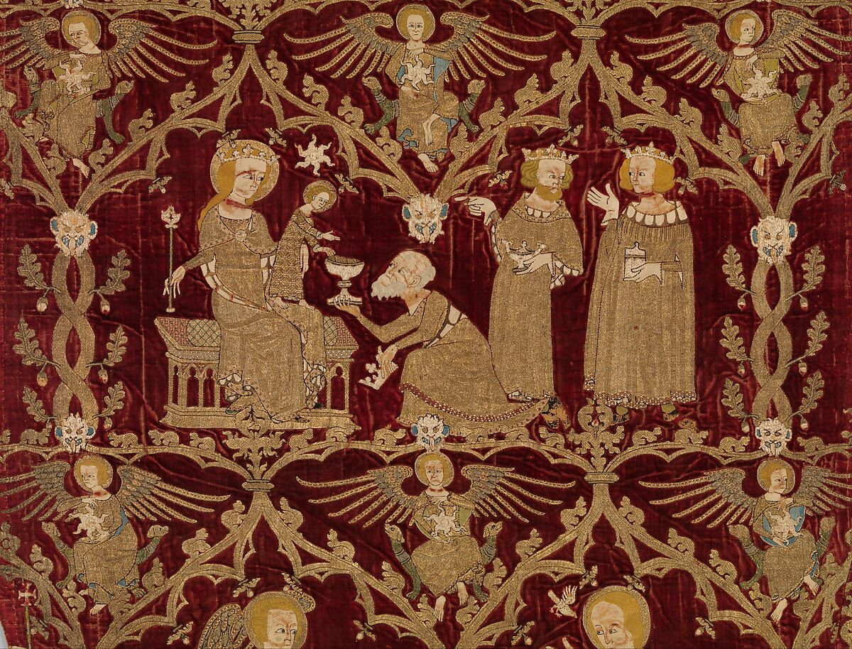 Chasuble (Opus Anglicanum), Silver and silver-gilt thread and colored silks in underside couching, split stitch, laid-and-couched work, and raised work, with pearls on velvet, British