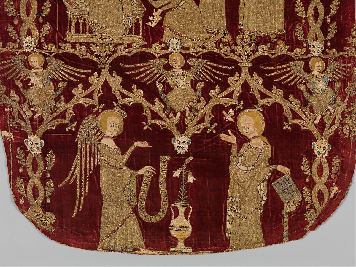 Chasuble (Opus Anglicanum), Silver and silver-gilt thread and colored silks in underside couching, split stitch, laid-and-couched work, and raised work, with pearls on velvet, British
