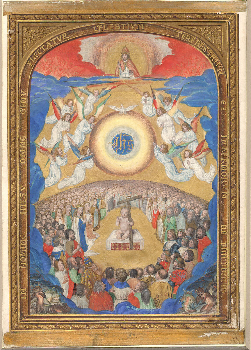 Manuscript Leaf with Adoration of the Holy Name, from a Book of Hours, Influence of Simon Bening (Netherlandish, Ghent (?) 1483/84–1561 Bruges), Tempera, ink and shell gold on parchment, South Netherlandish 