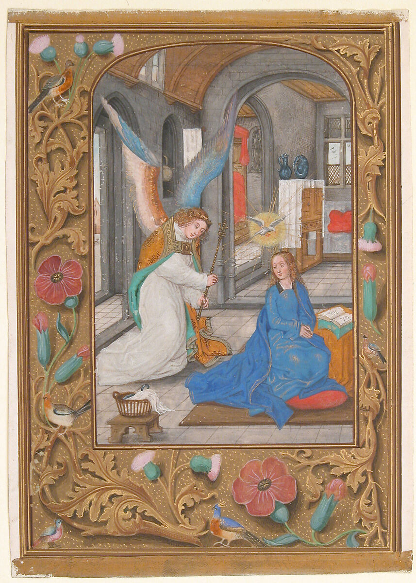 Manuscript Leaf with the Annunciation, from a Book of Hours, Tempera, ink and shell gold on parchment, South Netherlandish 