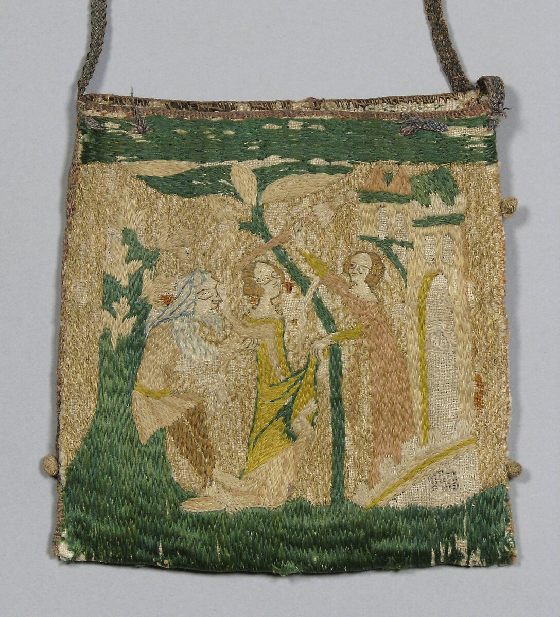 Purse with scenes from the story of Patient Griselda, Silk and metal thread on canvas, French