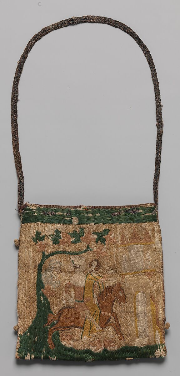 Purse with scenes from the story of Patient Griselda, Silk and metal thread on canvas, French 