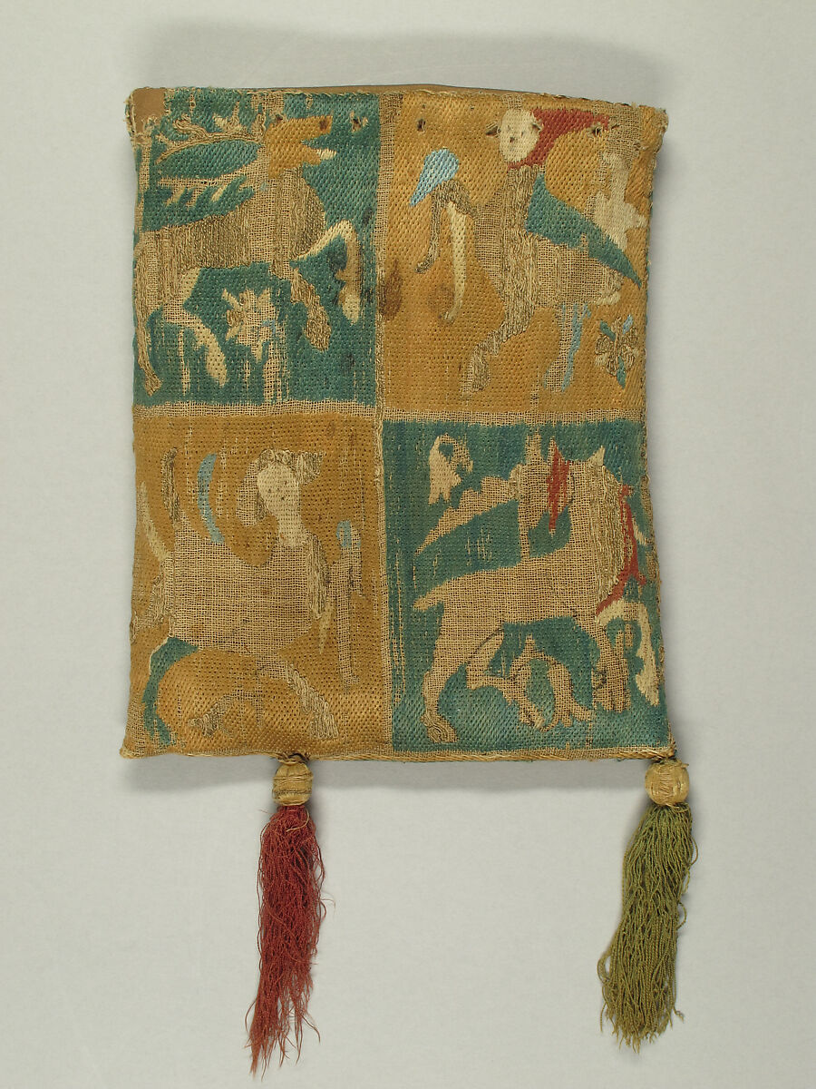 Purse with Two Figures under a Tree, Embroidery in silk & metal thread on canvas, French 