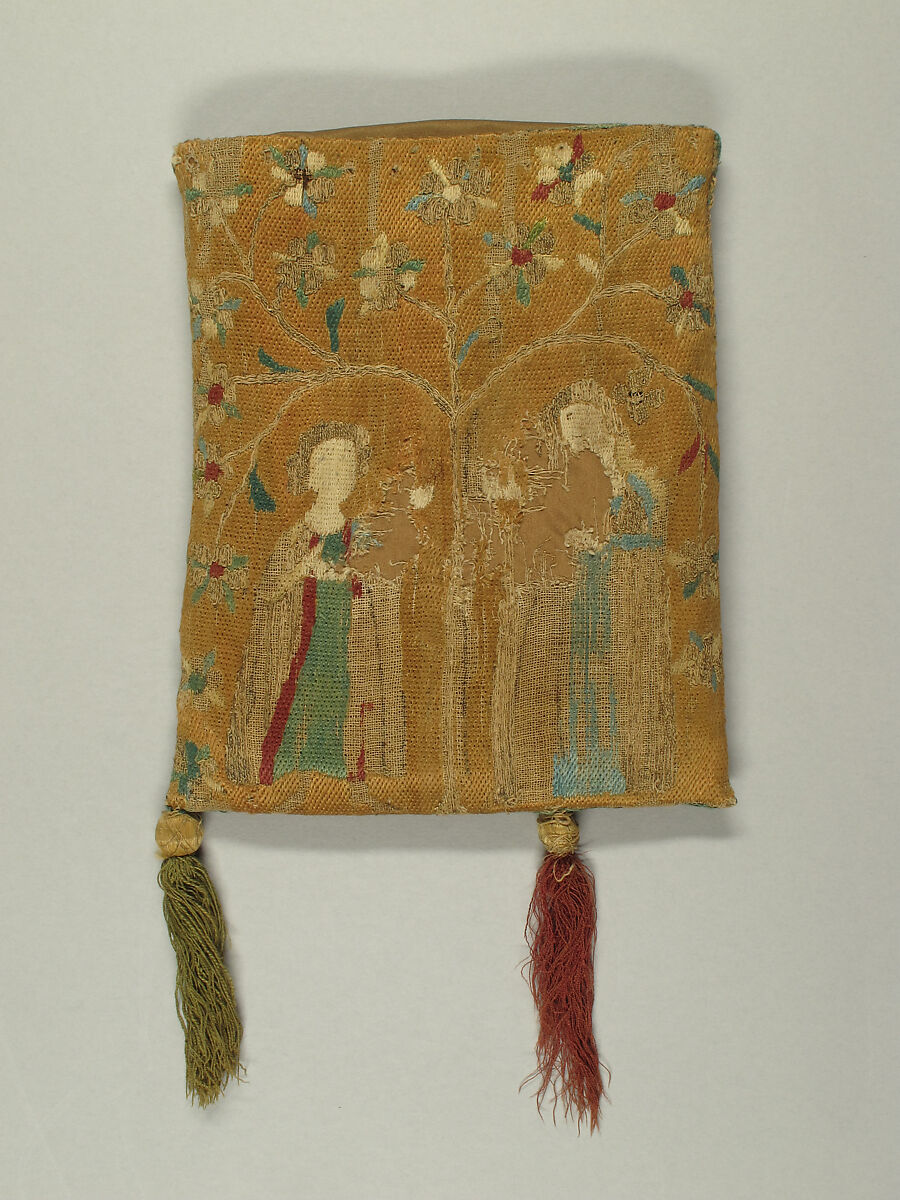 Purse with Two Figures under a Tree, Embroidery in silk & metal thread on canvas, French