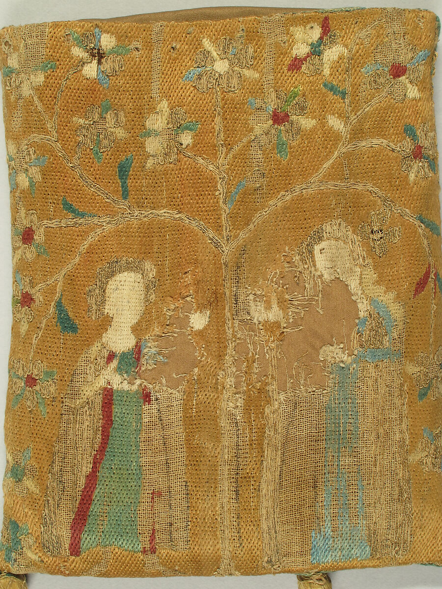 Purse with Two Figures under a Tree, Embroidery in silk & metal thread on canvas, French