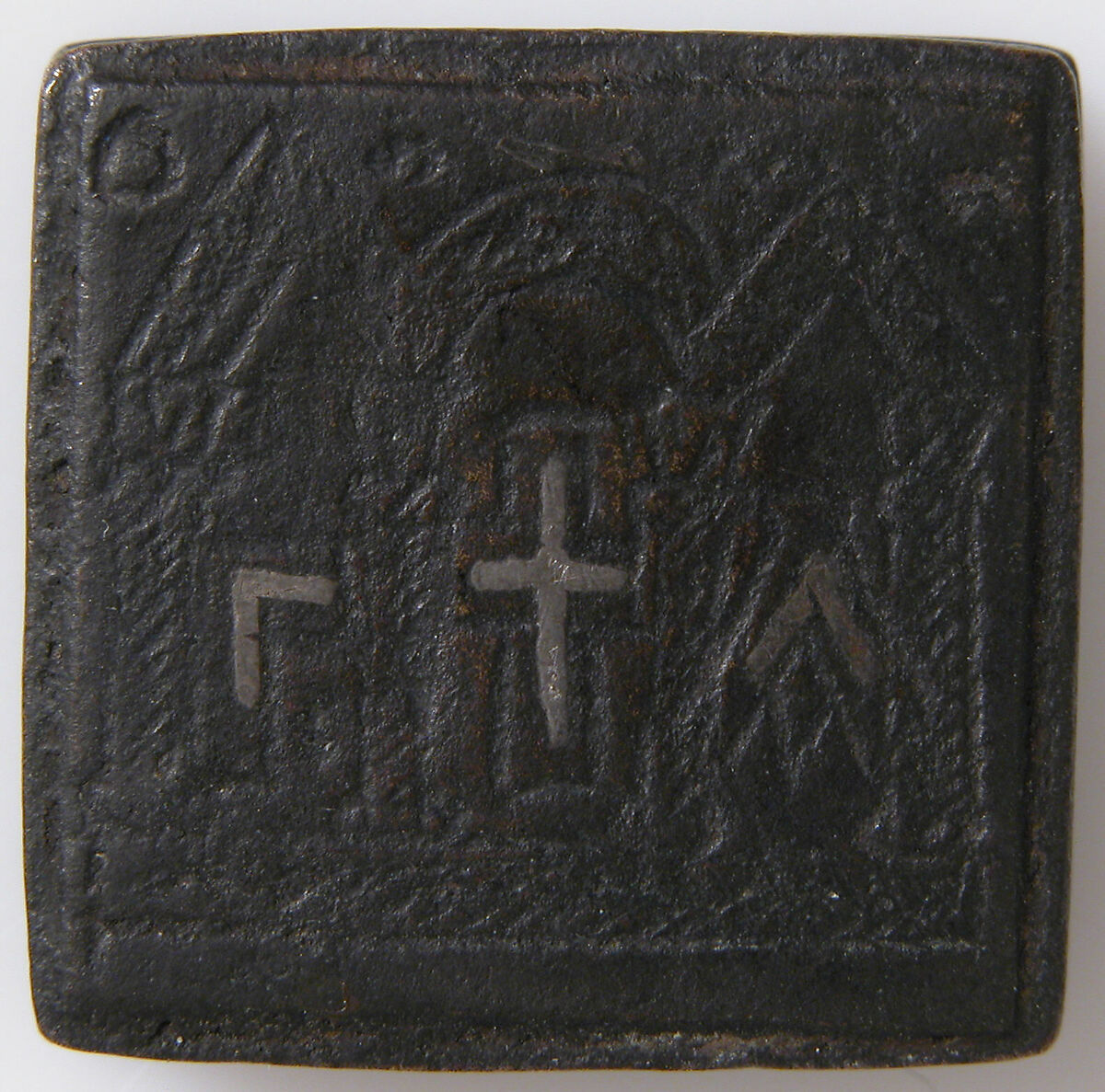 Balance Weight with a Cross and an Architectural Setting, Copper alloy, silver inlay, Byzantine 